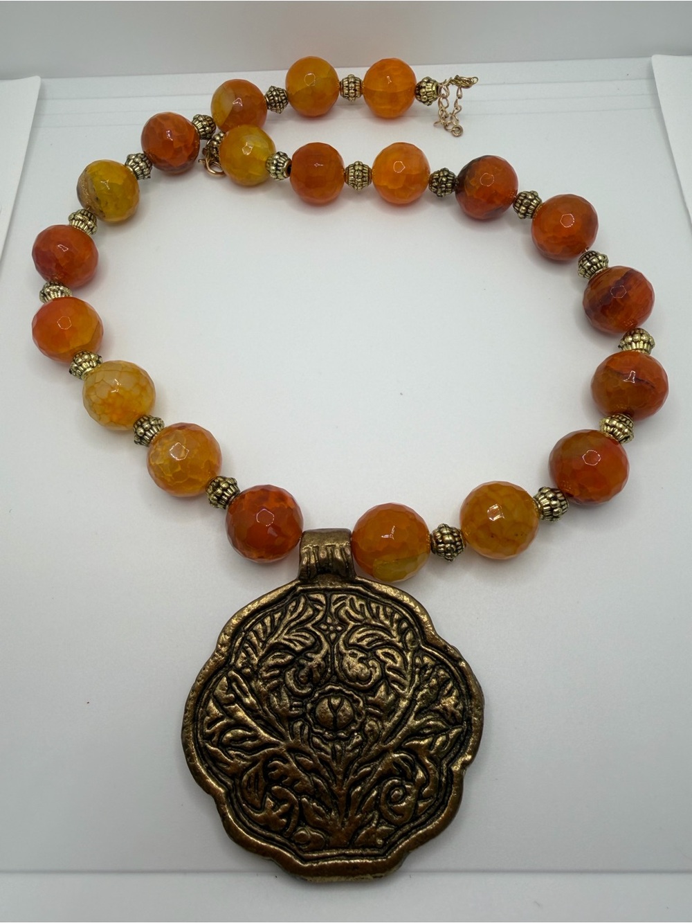 Vintage Carnelian Agate Faceted Bead Statement Necklace with Bronze Medallion